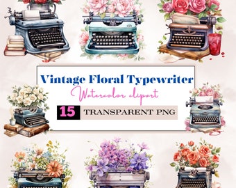 Watercolor vintage floral typewriter png,valentines typewriter png,floral typewriter and vintage love letters png,victorian valentine png