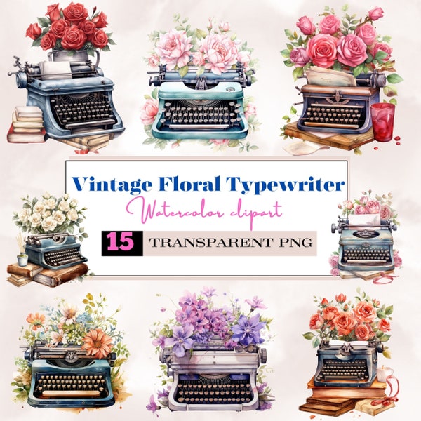 Watercolor vintage floral typewriter png,valentines typewriter png,floral typewriter and vintage love letters png,victorian valentine png