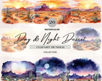 acuarela Día y Noche Desierto png, paisaje desértico png, desierto al atardecer, noche del desierto, cactus del desierto png, clipart desrt, escena del desierto png