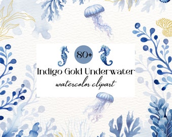 watercolor indigo gold underwater png,sea life png,coral reef clipart,under the sea png,wedding invitation,summer clipart,ocean animals
