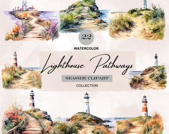 watercolor lighthouse pathways scene, lighthouse png,lighthouse watercolor clipart,ocean landscape print,lighthouse ocean scene png