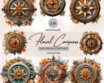 boussole florale vintage aquarelle png, boussole nautique florale png, boussole rétro, fleur des vents, navigation png, nautique vintage, aventure png