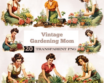 watercolor vintage gardening mom png,gardening clipart,plant mom png,flower mom png,plant lover clipart,vintage mothers day,retro mom png