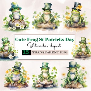 May include: A set of 15 watercolor clipart images of cute frogs wearing St. Patrick's Day hats. The frogs are sitting on rocks and surrounded by shamrocks and flowers.