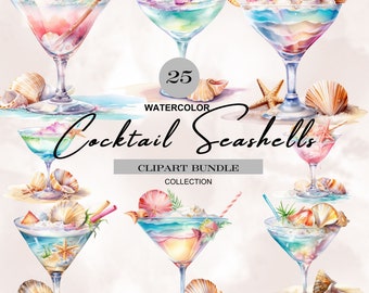 watercolor seashells cocktail clipart,pastel cocktail glasses png,seashells clipart,summer cocktail png,summer drink png,cocktail drinks png