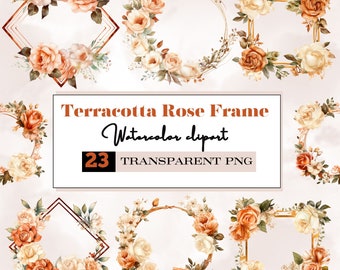 Watercolor terracotta rose frame png,flower frame png,rose wreath png,floral wreath png,terracotta flower clipart,wedding invitation
