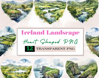 Watercolor Ireland landscape clipart,Irish countryside in the heart shaped png,Ireland clipart,Ireland nature scene png,St PatricksDay png