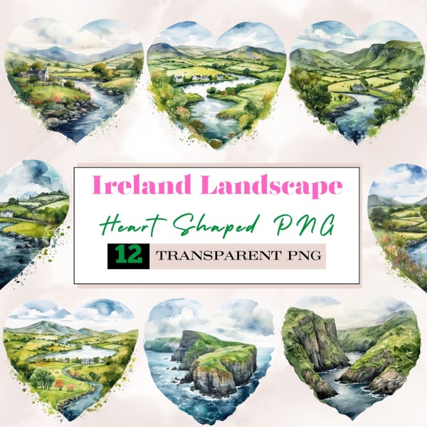 Watercolor Ireland landscape clipart,Irish countryside in the heart shaped png,Ireland clipart,Ireland nature scene png,St PatricksDay png