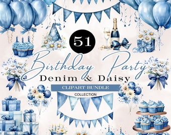 watercolor denim and daisy birthday party clipart,birthday party png,blue birthday png,daisy birthday invitation,watercolor birthday clipart