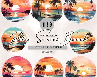 watercolor retro sunset beach png,round beach clipart,sunset beach palm tree,sunset beach clipart,retro summer png,tropical beach clipart