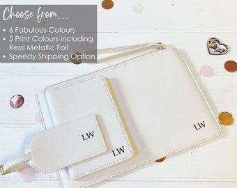 Regalos de Navidad para ella, Regalo para damas de honor: Set de viaje personalizado con pasaporte y estuche, Set de regalo con portapasaporte personalizado y etiqueta para equipaje.