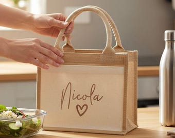 Personalised Jute Lunch Bag with Heart, Custom Name Bridesmaid Proposal Tote, Eco Canvas Lunch Bag Gift