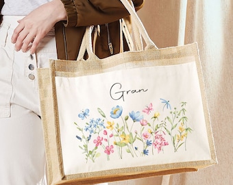 Personalised Jute Bag, Custom Large Shopping Tote Bag with Pocket Birthday / Mothers Day Gift Women, Grandma, Mum, Nanny, Granny, Nan Floral