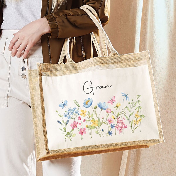 Personalised Jute Bag, Custom Large Shopping Tote Bag with Pocket Birthday / Mothers Day Gift Women, Grandma, Mum, Nanny, Granny, Nan Floral