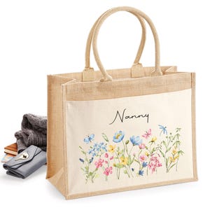 Sac fourre-tout en jute personnalisé, grand sac à provisions personnalisé, cadeau pour maman, grand-mère et nounou, fourre-tout floral aquarelle pour anniversaire ou fête des mères