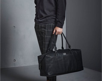 Gepersonaliseerde heren holdall, zwart bruin veganistisch leer weekendtas reistas set, vaderdagcadeau, herencadeau, weekendtas voor hem