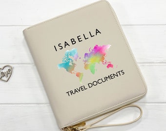 Porte-documents de voyage pour passeport familial, Organiseur de nom personnalisé, Pochette de vacances en cuir végétalien de réservation d'aéroport d'aventure de luxe