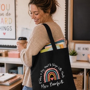 Personalised Rainbow Teacher Tote Bag, Custom Name School Bag, End of Term Gift