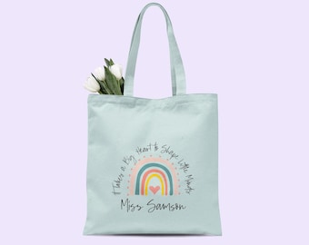Personalized Teacher Tote Bag - "It Takes a Big Heart" Design - Teacher Thank You Gift, 8 Colors, Custom Name, Sentimental Appreciation Gift