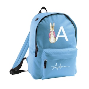 Zaino personalizzato con iniziale del nome e simpatico disegno di un coniglietto, zaino per bambine, bambini, asilo nido, scuola materna e scuola elementare.