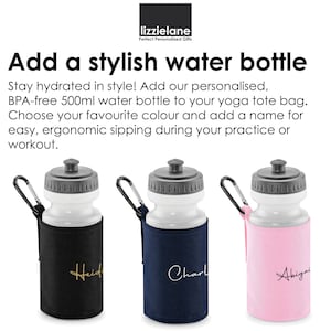 three stylish water bottles with personalized names and colors, along with instructions on how to add a name to the bottle.