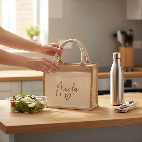 Personalised Jute Lunch Bag with Heart, Custom Name Bridesmaid Proposal Tote, Eco Canvas Lunch Bag Gift