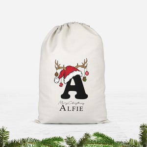 Saco de Papá Noel personalizado, saco de Navidad, saco de juguetes navideño personalizado (nombre e inicial), bolsa de regalo de Navidad, saco de regalo navideño en dos colores imagen 8