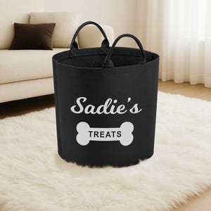 A black dog treat bag with the text "Sadie's TREATS" printed on it, placed on a white shag rug in a living room.