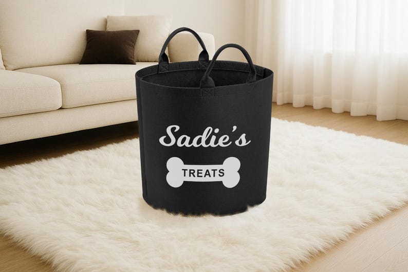 A black dog treat bag with the text "Sadie's TREATS" printed on it, placed on a white shag rug in a living room.