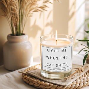 May include: A white candle with a black label that reads "Light me when the cat shits". The candle is lit and sitting on a woven placemat.