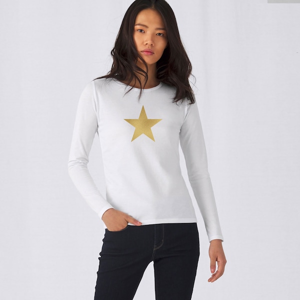 T-shirt femme étoile, haut pour femme, t-shirt 100 % coton avec étoile, t-shirt à manches longues, cadeau d'anniversaire pour elle