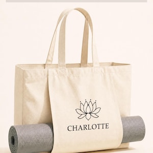 Personalised Yoga Bag with Name, Lotus Design Yoga Tote Bag, Custom Yoga Mat Bag, Organic Pilates & Meditation Bag, Yoga Gift for Her image 1