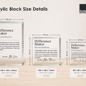 three different block sizes of acrylic blocks, each with its own unique description. The first block is 100 mm wide and 150 mm tall, the second block is 100 mm wide and 15 mm tall, and the third block is 80 mm wide and 80 mm tall. The blocks are labeled as "Difference Maker" and "Difference Maker" respectively.
