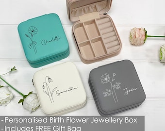 Personalised Birth Flower Jewellery Box, Travel Jewellery Case, Bridesmaid Gifts, Bridal Party Gift, Birthday Gift for Her, Valentines Day