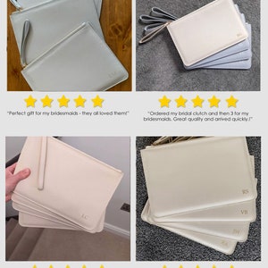 May include: Five ivory-colored clutch purses with gold zipper pulls and personalized initials. The purses are stacked on top of each other. The initials are "LC", "JW", "VB", "RS", and "RA".