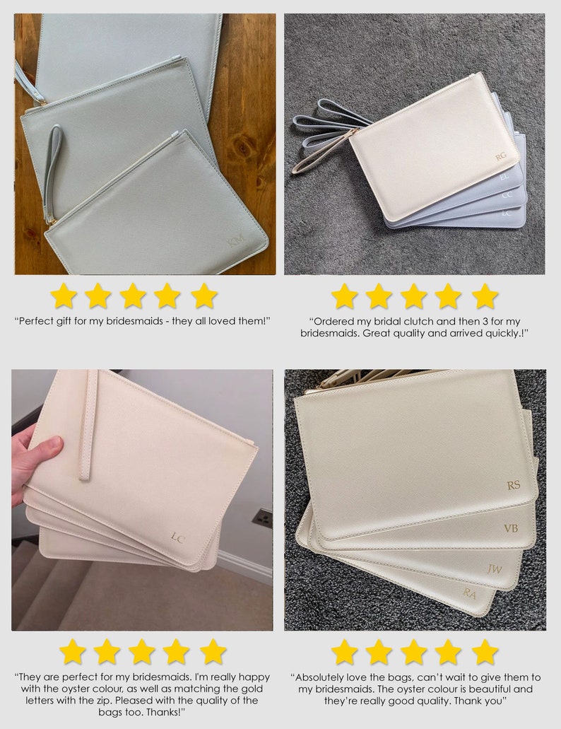 May include: Five ivory-colored clutch purses with gold zipper pulls and personalized initials. The purses are stacked on top of each other. The initials are "LC", "JW", "VB", "RS", and "RA".
