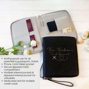 Porte-documents de voyage premium pour passeport Portefeuille de voyage personnalisé pour l'argent de voyage, organisateur technique pour couple, étui à passeport de voyage, cadeau personnalisé image 2