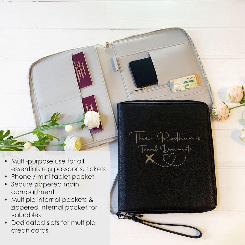 Porte-documents de voyage premium pour passeport Portefeuille de voyage personnalisé pour l'argent de voyage, organisateur technique pour couple, étui à passeport de voyage, cadeau personnalisé image 2