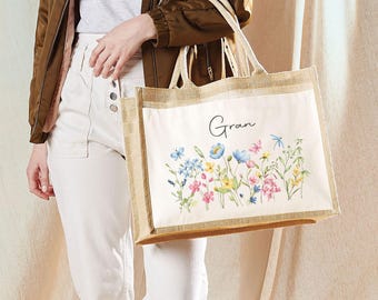 Personalised Large Jute Bag, Custom Shopping Tote Bag with Pocket Birthday / Mothers Day Gift Women, Grandma, Mum, Nanny, Granny, Nan Floral