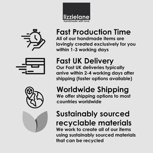 The image is a collage of four images, each depicting a different aspect of the Lizzielane brand, including their fast production time, UK delivery, worldwide shipping, and sustainability.
