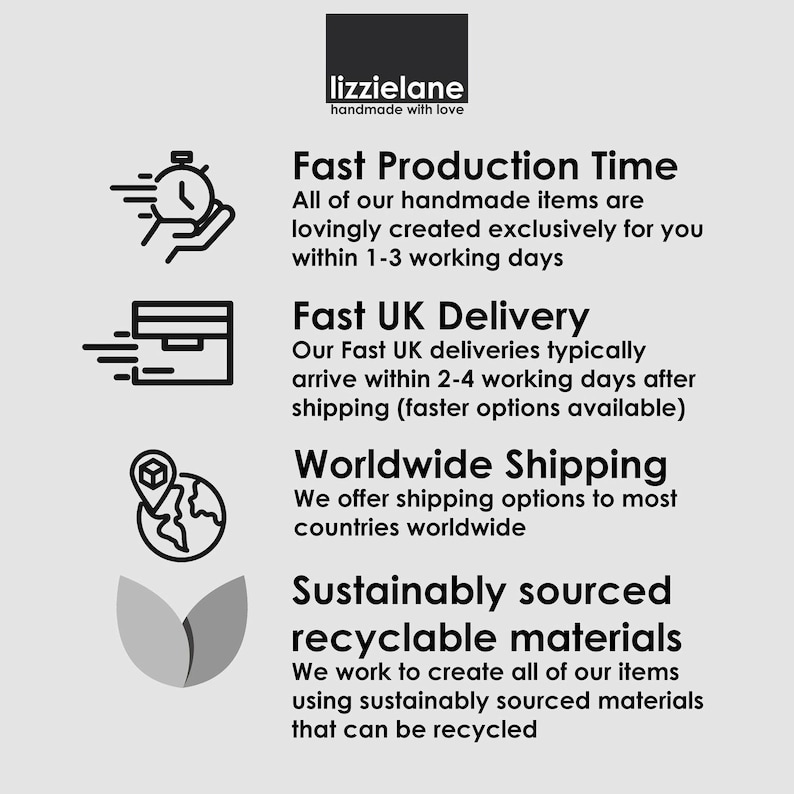 The image is a collage of four images, each depicting a different aspect of the Lizzielane brand, including their fast production time, UK delivery, worldwide shipping, and sustainability.