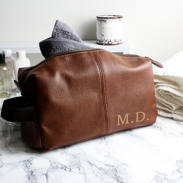 Toiletry Wash Bag PERSONALISED with Gold Monogram | Initials Black Leather Look For Him | Groomsmen | Mens | Dad | Bestman Fathers Day Gift