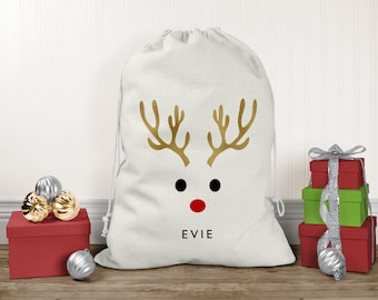 Large Christmas Santa Sack, Personalised Xmas Christmas gift bag, Reindeer Christmas Sack, Cotton fabric Sack, Canvas Gift Bag, Santa Sack