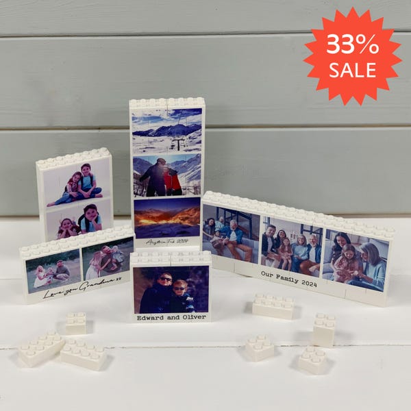 Personalised Building Brick Photo Collage, Custom UV Printed LEGO® Compatible Bricks, Unique Gift with Gift Bag, Building Brick Photo Print