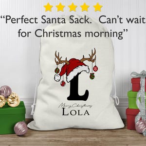Saco de Papá Noel personalizado, saco de Navidad, saco de juguetes navideño personalizado (nombre e inicial), bolsa de regalo de Navidad, saco de regalo navideño en dos colores imagen 4