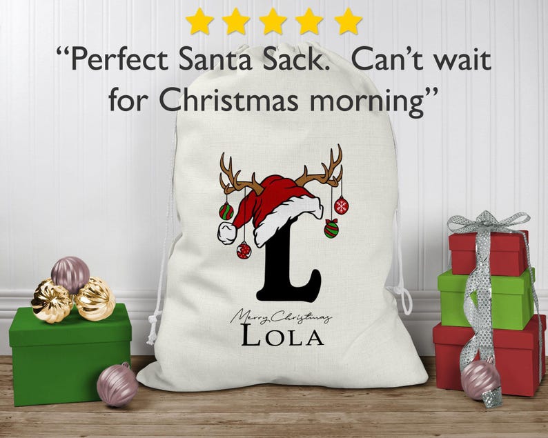 Saco de Papá Noel personalizado, saco de Navidad, saco de juguetes navideño personalizado (nombre e inicial), bolsa de regalo de Navidad, saco de regalo navideño en dos colores imagen 4