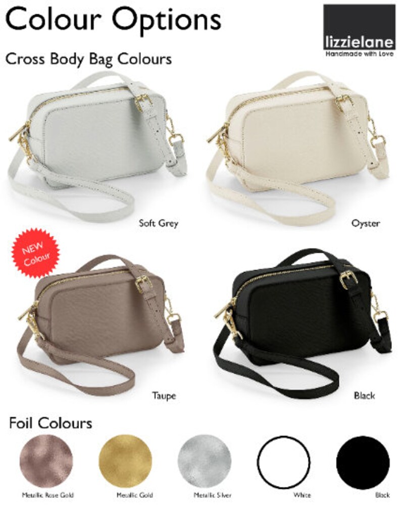 May include: Five different colors of small crossbody bags with gold zippers and hardware. The colors are soft grey, oyster, taupe, black, and a new color, which is a light brown. The image also shows five different foil colors: metallic rose gold, metallic gold, metallic silver, white, and black.