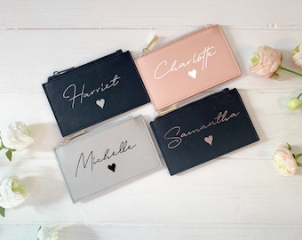 Personalised Card Holder Name and Heart, Vegan Leather Foil Embossed, coin purse, custom name card holder, personalised purse, gift for her