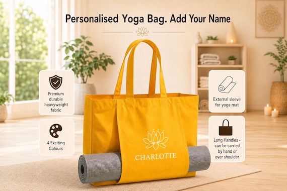 Personalised Yoga Bag with Name, Yoga Tote Bag, Custom Yoga Mat Bag, Pilates Bag, Organic Yoga Bag, Meditation Bag, Yoga Gift Idea