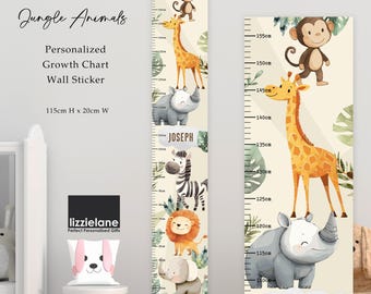 Grafico dell'altezza personalizzato per bambini a tema animali, leone, scimmia, elefante, regalo per bambini, grafico dell'altezza della giungla per la camera dei bambini